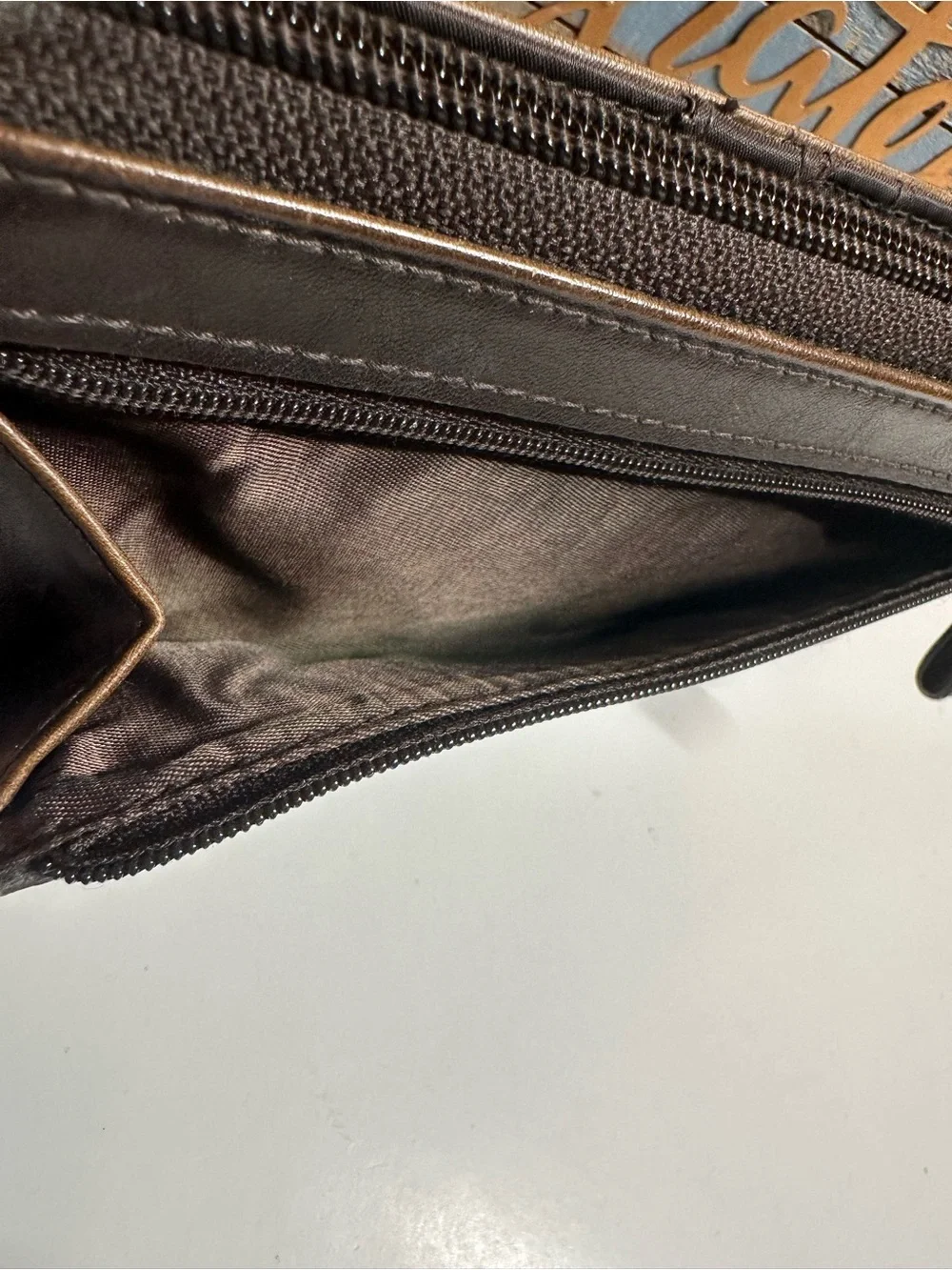 Liz Claiborne Dark Brown Leather Zip Wallet with Front Slip Pocket